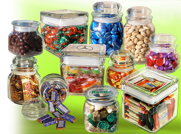 variety of candy-filled glass jars