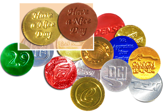 Chocolate foiled embossed coins in 6 colors