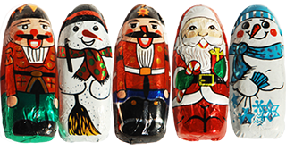 delicious milk chocolate nutcrackers, snowmen, santa